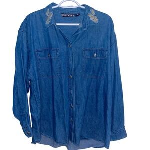 Cherokee Denim Shirt Women's 2XL Blue Long Sleeve Button Up Embellished Collar